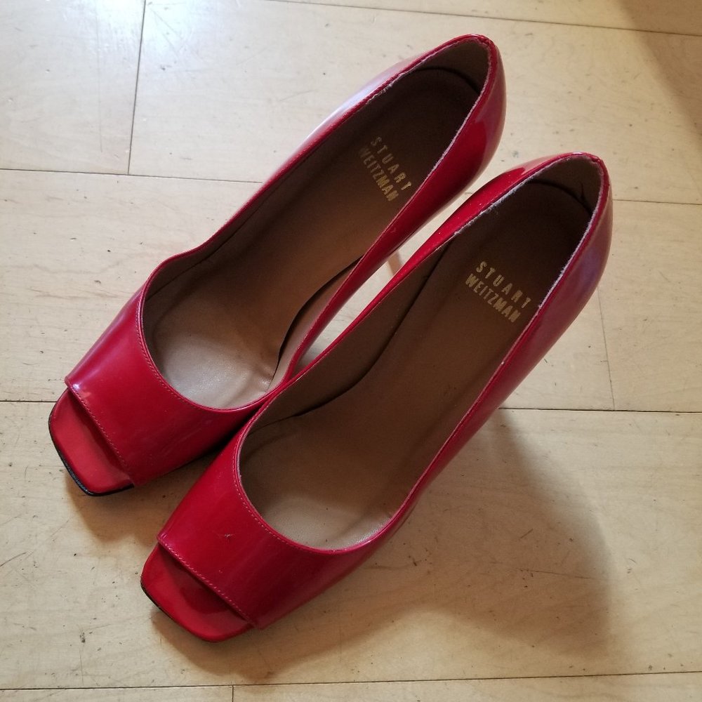 Stewart Weitzman red patent leather open toed pumps